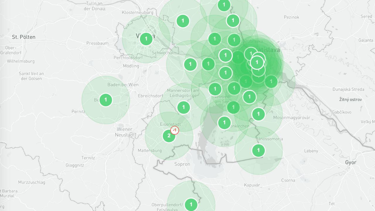 Geo-Grid-Messung im Raum Kittsee, Neusiedl am See und Wien. Grüne Punkte mit der Ziffer 1 zeigen Platz eins in den Suchergebnissen an dieser Stelle.
