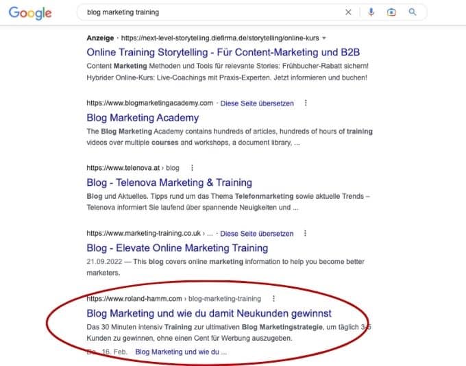 Bloggen lernen: der clevere Weg für Unternehmer zu mehr Traffic, Bekanntheit und Umsatz 2 Bloggen lernen mit diesem kostenlosen Blog Marketing Training - Suchmaschinen Ergebnis